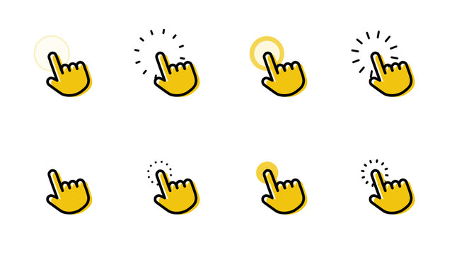 Pack of eight yellow hand mouse pointer icons. Includes clicking and idle states for user interface design. Graphic elements for website buttons or videos, isolated on a transparent background