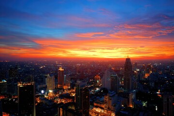 Fototapeta premium City skyline at sunset. Vivid colors of orange and red sunrise over illuminated urban landscape