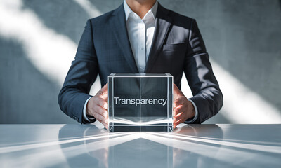 Businessman holding a transparent glass cube with the word transparency in modern office