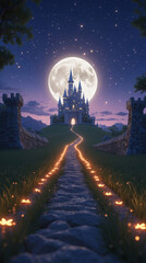 Naklejka premium evening castle trail lit by beautiful lamps under glowing full moon in serene magical night setting spooky horror wallpaper background illustration