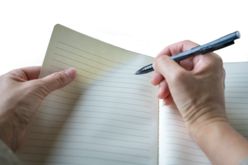 Female writing on notepad. First person point of view. Isolated on transparent background.