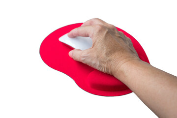 Senior woman's hand clicking on mouse, resting her wrist on red wrist rest mousepad. Isolated on transparent background.