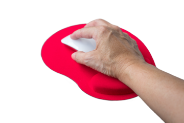 Senior woman's hand clicking on mouse, resting her wrist on red wrist rest mousepad. Isolated on transparent background.