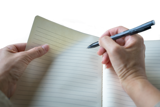 Female writing on notepad. First person point of view. Isolated on transparent background.