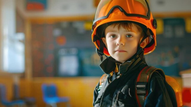 A young boy wearing firefighting gear, including a helmet and protective clothing, standing in an indoor setting.