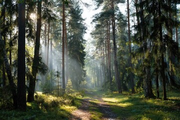 Fototapeta premium Sunlight streams through misty forest