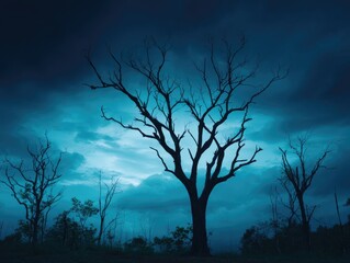 Silhouetted dead trees against a twilight sky
