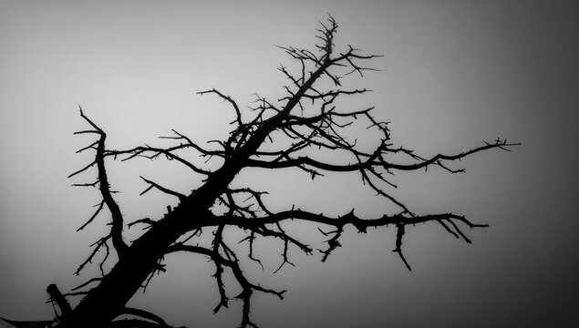 Silhouetted dead tree against a pale gray sky