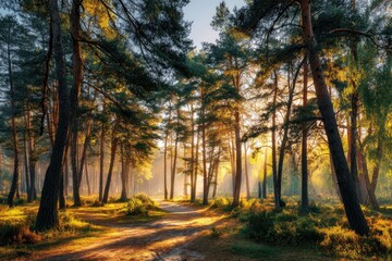 Obraz premium Sunlight streams through a misty autumn forest