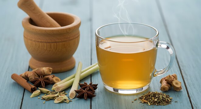 Steaming Herbal Tea with Ginger and Spices on Light Blue Table - Powered by Adobe