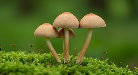 Fototapeta premium Cluster of Small Brown Cap Mushrooms Growing on Green Moss fungi fungus