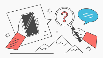 Fototapeta premium Smartphone FAQ Help Support Troubleshooting Mobile Device Question Mark Magnifying Glass Searching Online Help Customer Service Technical Support Inquiry Problem Solving Solution Assistance Informati.