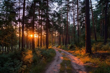Fototapeta premium Sunbeams on a forest path at sunset