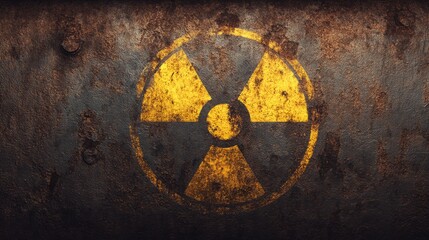 Radioactive (ionizing radiation) round yellow and black danger symbol painted on a massive rusty metal wall with dark rustic grunge texture background. Nuclear, radioactive alert concept.