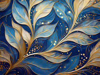 Textured blue and gold wallpaper featuring a leaf pattern, vibrant brush strokes and gold dots
