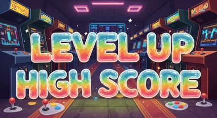 Level up high score typography retro gaming neon style