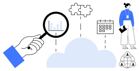 Hand holding magnifying glass over data chart, cloud connecting puzzle pieces, calendar, team network, businesswoman. Ideal for teamwork, analytics, cloud computing, organization collaboration