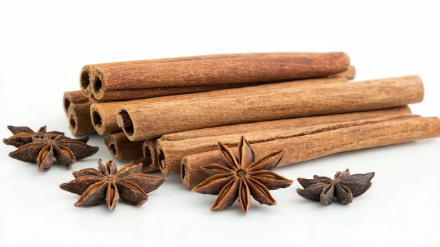 A bunch of cinnamon sticks and a star shaped spice are displayed on a white background. The cinnamon sticks are arranged in a row, with some of them overlapping each other