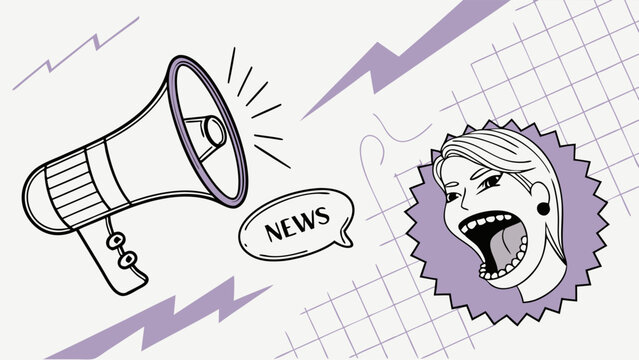 Fototapeta Cartoon illustration of a megaphone announcing news with a shouting womans face.
