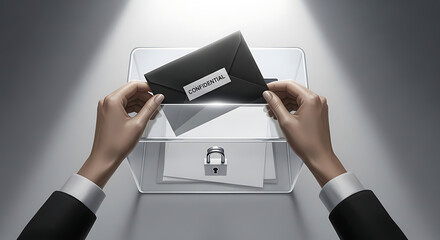 Hands holding a black envelope labeled confidential above a transparent locked box with documents inside
