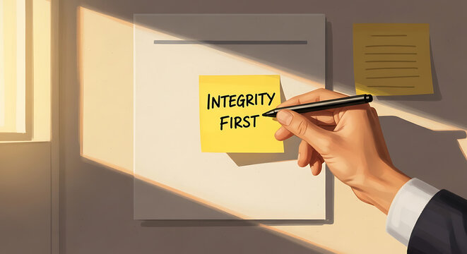 Hand writing integrity first on sticky note in office with sunlight