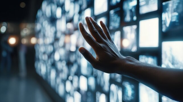 Medium shot spotlighting a detailed ransomware detection query on a digital wall with other data points and the analysts moving hands out of focus.