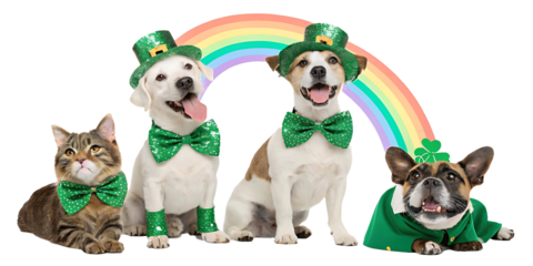 St Patricks Day Pets Posing with Rainbow Featuring Dogs and a Cat in Green Hats and Bowties Spreading Festive Cheer for Holiday Season
