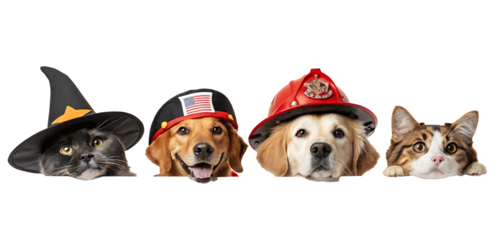 Adorable Cat and Dogs Peeking Out with Halloween and Patriotic Hats Against a Black Background Perfect for Holiday Cards and Pet Lover Designs
