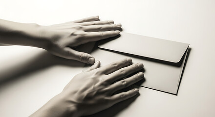 Human hands placing a closed beige envelope on a white surface with soft lighting