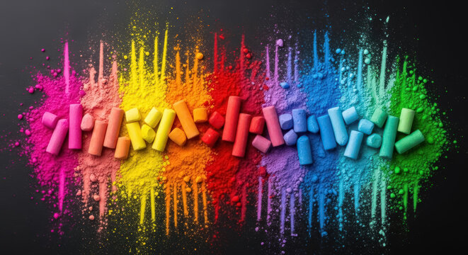 Colorful chalk sticks arranged in a vibrant rainbow pattern on a dark background, with scattered chalk dust