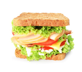 Tasty sandwich with ham, bacon, cheese and vegetables isolated on white