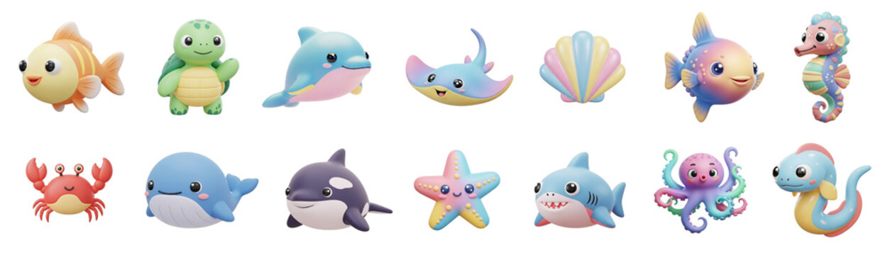 Fun cute 3d marine animal icons for kids, PNG set bundle, transparent isolated background, set with various different sea animals in pastel colors such as turtle, starfish, dolphin, seahorse and more