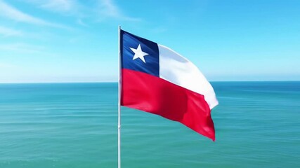 Chilean Flag Waving Gracefully Over Turquoise Ocean Waters 1. - Powered by Adobe