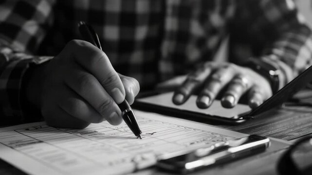 A person's hand writing on a piece of paper, possibly filling out forms or taking notes.