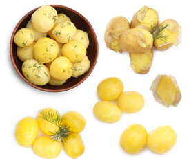 Tasty boiled potatoes isolated on white, collage. Top view