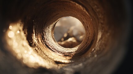 Focused medium shot capturing the glazing process inside a curved clay sewer pipe with blurred surroundings accentuating the precision of the interior finishing before firing.