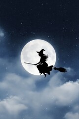 Obraz premium Silhouette of Witch Flying on Broom Across Full Moon