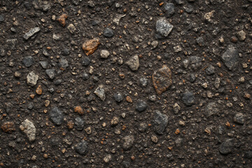 A close-up view of textured asphalt, featuring various small rocks and gravel interspersed within a dark, coarse surface.