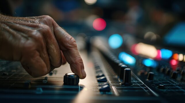 Technician calibrating IFB volume knob knob and hand in crisp focus with blurred soundboard lights and cables adding atmosphere to the booth.