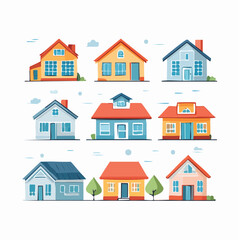 Fototapeta premium Flat vector home icon set with houses, buildings, and abstract real estate symbols. Perfect for apps, maps, and property websites.