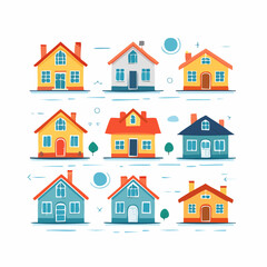 Fototapeta premium Flat vector home icon set with houses, buildings, and abstract real estate symbols. Perfect for apps, maps, and property websites.