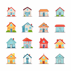 Flat vector home icon set with houses, buildings, and abstract real estate symbols. Perfect for apps, maps, and property websites.