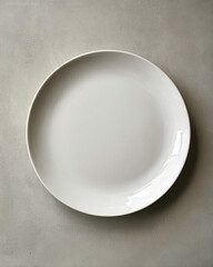 Polished white ceramic dish on pale neutral grey surface, crisp clean with soft shadows, simple balanced top-down view