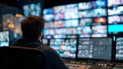Control room medium shot highlighting an analyst managing livestream shopping inventory sync illuminated by digital overlays with the peripheral area intentionally blurred.