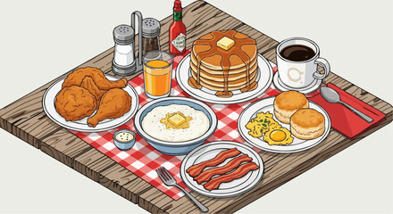 National grits for breakfast day september 2nd vector delicious southern breakfast food spread featuring fried chicken pancakes bacon and biscuits on a wooden table