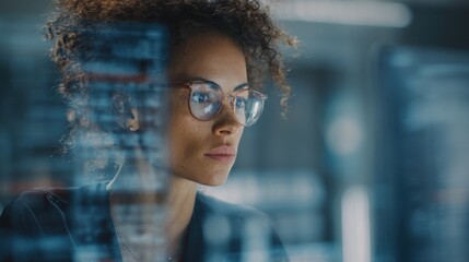 Medium shot of a team member analyzing anonymized datasets on a transparent screen emphasizing secure partner collaboration in a controlled data environment background softly out