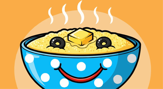 National grits for breakfast day september 2nd vector cartoon breakfast porridge bowl with butter and olives vector illustration for kids and food lovers