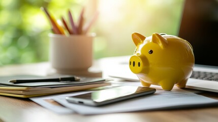 Financial planning action with a yellow piggy bank home office setting savings strategies bright environment close-up view budgeting concept