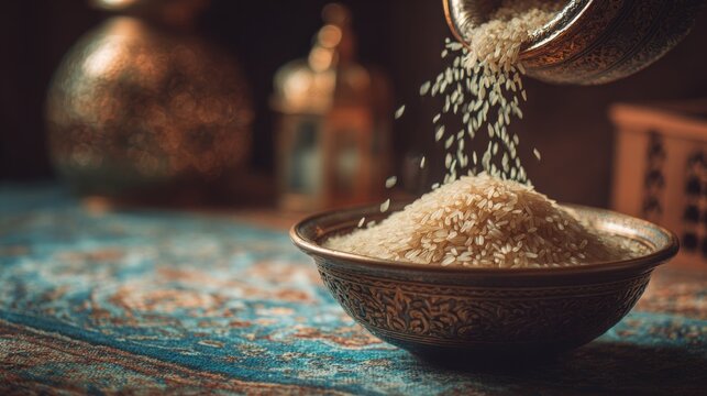 ZAKAT donation for Muslim according to religious principles during the Ramadan month, concept: rice grain in bow . income, and fitrah zakat . Islamic Concept . help the poor and needy