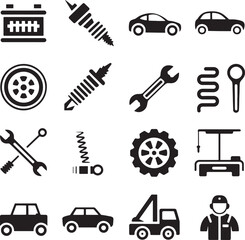 Fototapeta premium Black Icons of Car Parts and Tools on White Background